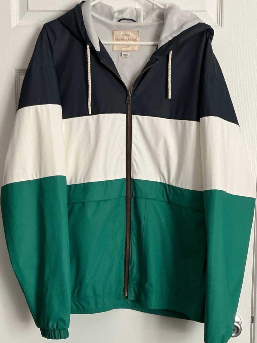 Weatherproof Navy, White & Green Colorblock Hooded Windbreaker